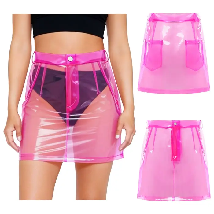 Mini-jupe transparente en PVC pour femmes, jupe crayon moulante taille haute avec poches pour la plage et les soirées polyester modernes et audacieuses