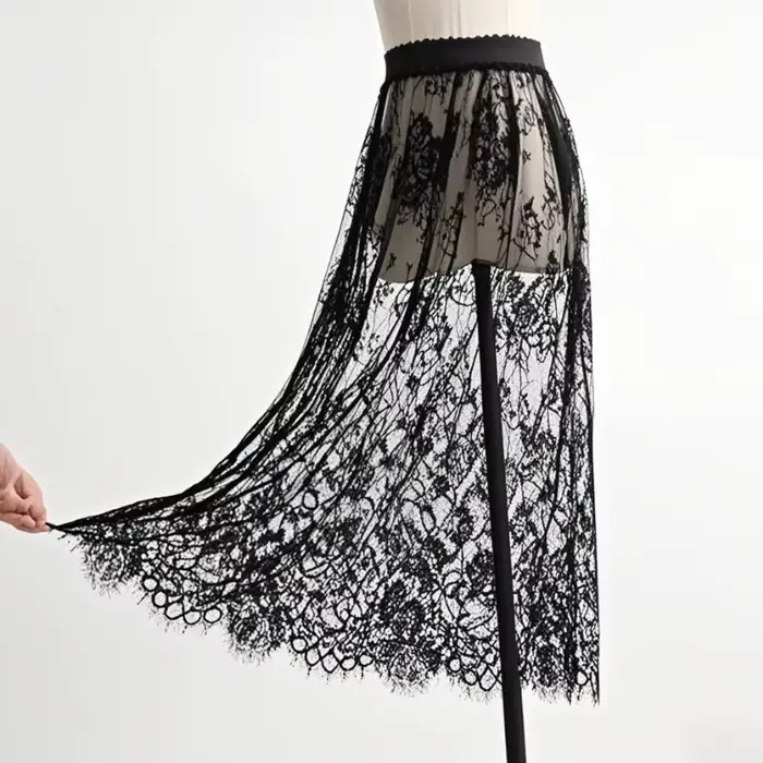 Transparent Sexy dentelle maille jupe élastique taille haute noir blanc Tulle Mini jupes femmes