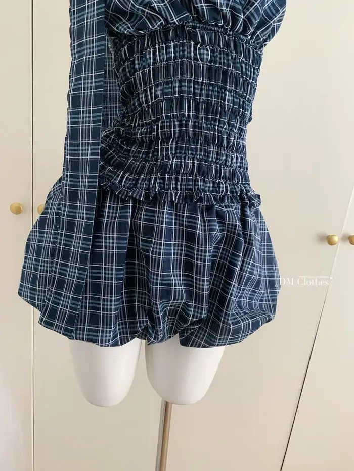 Rétro bleu marine haut à carreaux jupe courte costume femmes été Internet célébrité rue américaine douce fille chaude