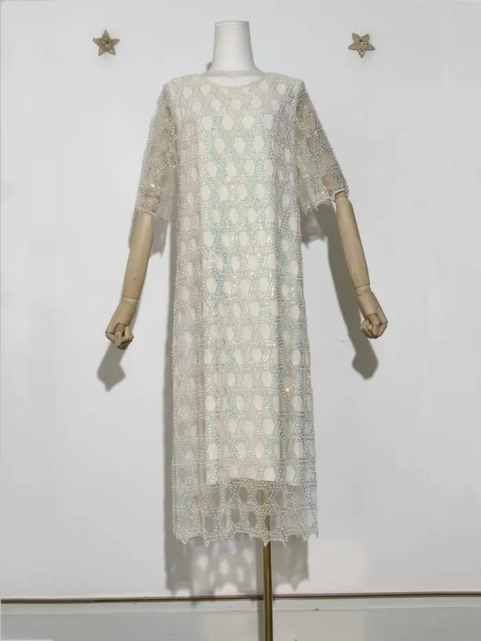 Glamour irisé femmes nouvelle paillettes perle perlée motif géométrique scintillant embelli col rond manches courtes maille robe mi-longue