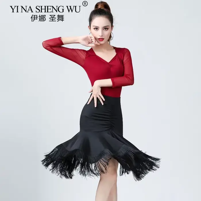 Femmes danse latine gland jupe noir Rumba Salsa Cha Cha pratique Performance