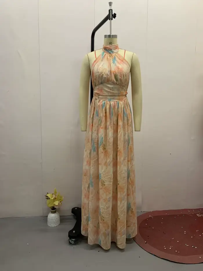 Robe longue femmes imprimer robes licou cou sans manches dos nu à lacets Maxi