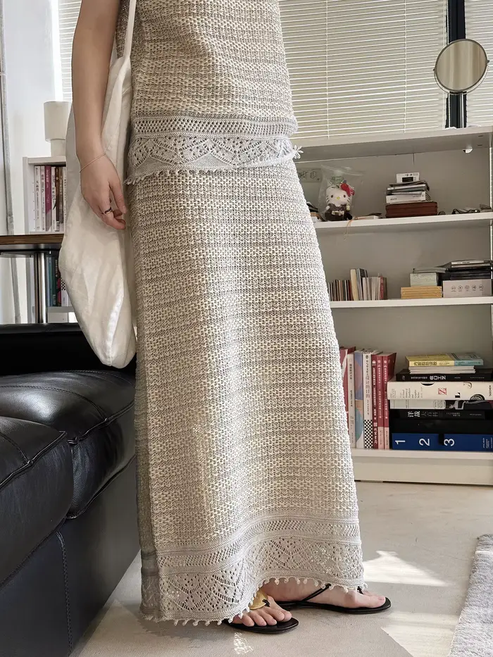 Nouvelle jupe longue ample en micro-maille évidée à taille élastique coupe trapèze pour femme, colle