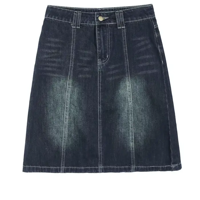 Jupe en jean vintage taille haute pour femme, collection été 2026, coupe trapèze mi-longue