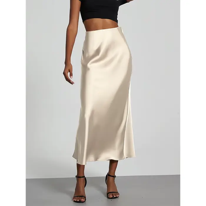 Jupe longue en satin pour femme, taille haute, couleur unie, décontractée, basique, coupe sirène, ch