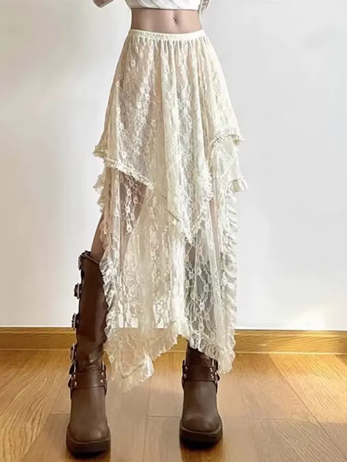 Jupe asymétrique en dentelle Fairycore pour femmes