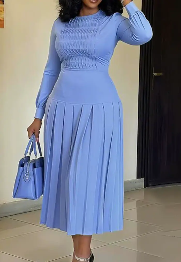 Robe mi-longue bleu clair pour femmes, manches longues bouffantes, corsage froncé, jupe plissée, ten