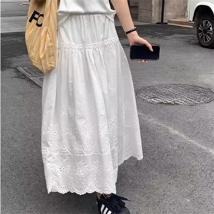 Jupe en coton blanc décontractée pour jeunes filles printemps été 2025 style une ligne ajustement empire longueur mi-mollet a-ligne