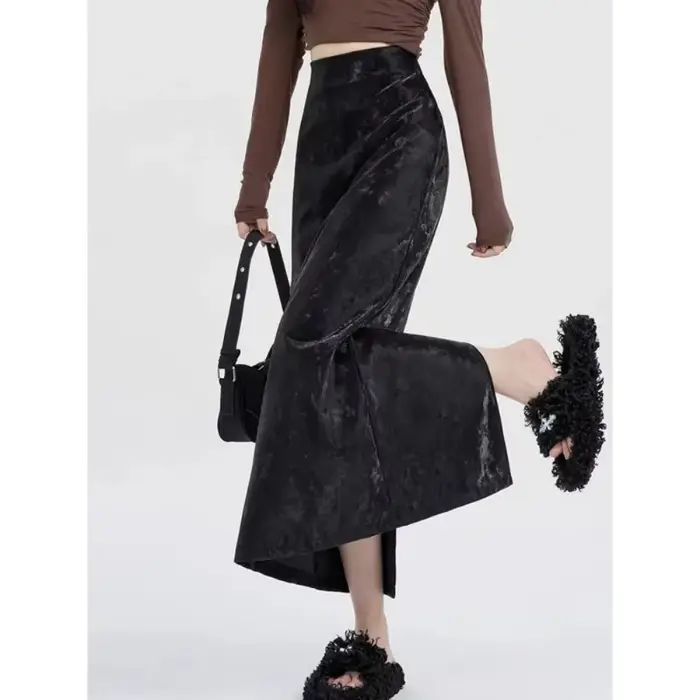 Jupe fendue Texture cuir PU de haute qualité pour femmes, automne hiver, taille haute, amincissante,