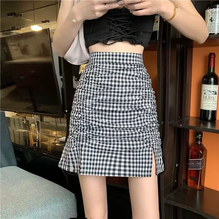 Jupe plissée fendue à carreaux tendance, taille haute et anti-transparence, coupe trapèze pour femme