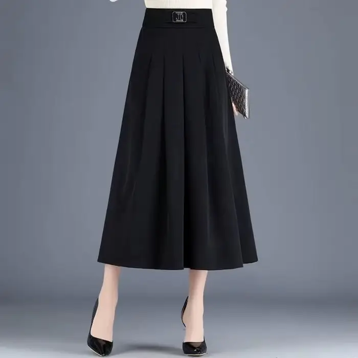 New Skirt Mid-length A-line Pleated Fashionable and Elegant Solid Color Versatile Casual High-waiste