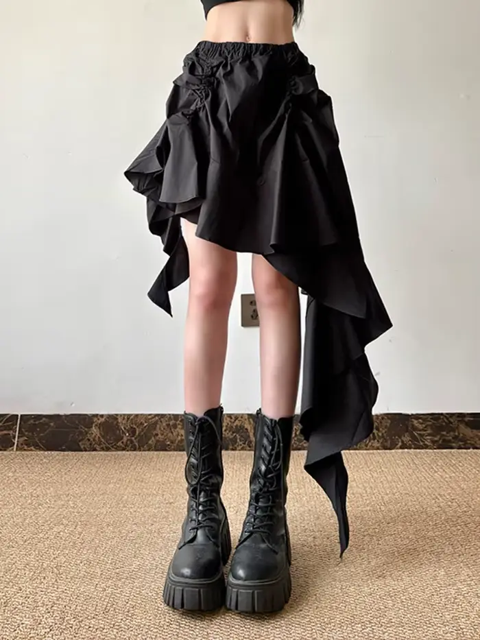 [EAM] taille haute élastique noir conception irrégulière volants Mini demi-corps jupe femmes mode ma