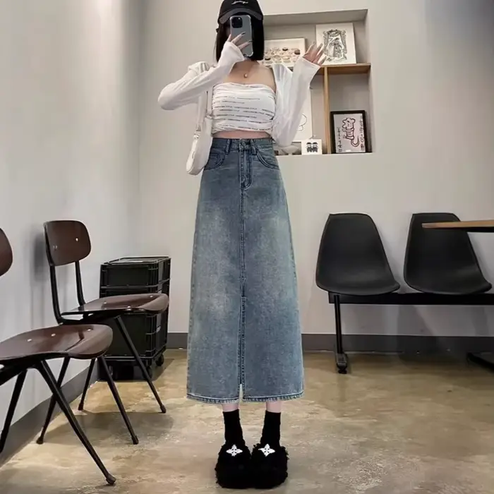 Jupe mi-longue en jean taille haute pour femme, style coréen rétro, nouvelle collection printemps-ét