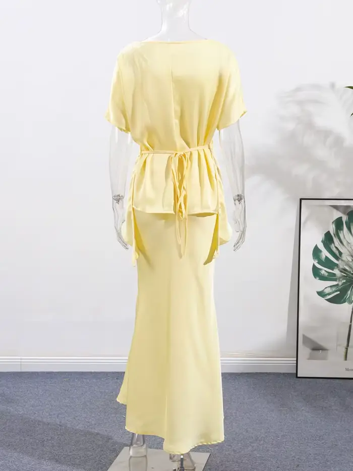 Mode jaune Satin hauts jupe 2 pièces ensemble femmes à lacets haut taille haute sirène