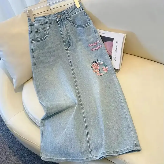 Jupe en jean mi-longue taille haute pour femme, Maxi Chubby, Bleu, Vintage, Modeste, Pas cher, Décon