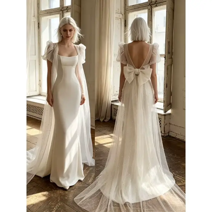 Robe de mariée sirène élégante et ajustée en satin luxueux à col carré personnalisé