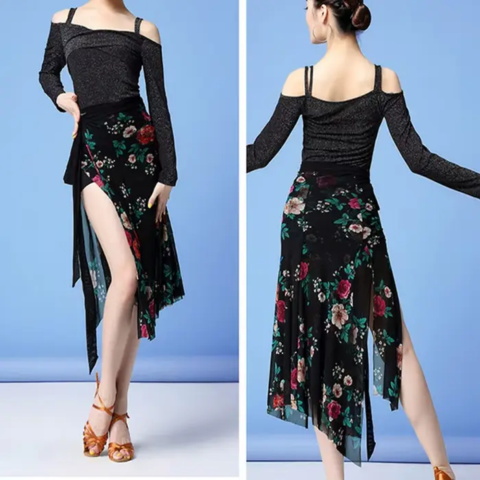 Jupe de danse latine en polyester imprimé floral coloré pour femmes, jupe de danse de salon, tango, salsa, danse de ventre, occasion spéciale