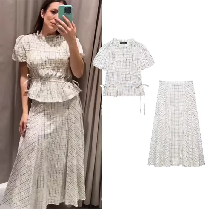 Ensemble jupe taille haute pour femme haut à col volanté et jupe évasée brodée deux pièces printemps été occassions spéciales
