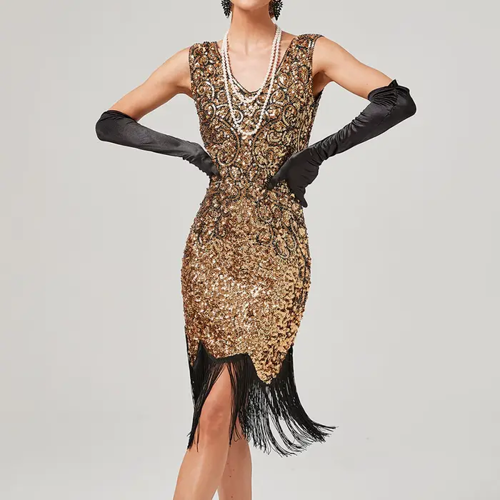 Robe de Soirée Vintage à Paillettes pour Femme Style Élégant, Sans Manches, Polyester, Col Rond, Pour Soirées, Bal, Noël, Fêtes Thématiques Années 1920