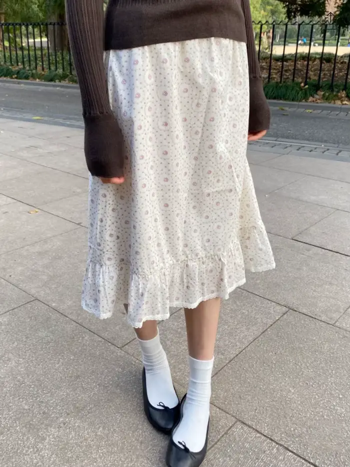 Nouvelle jupe midi florale violette pour femme, taille basse, avec dentelle, coupe trapèze, longue,