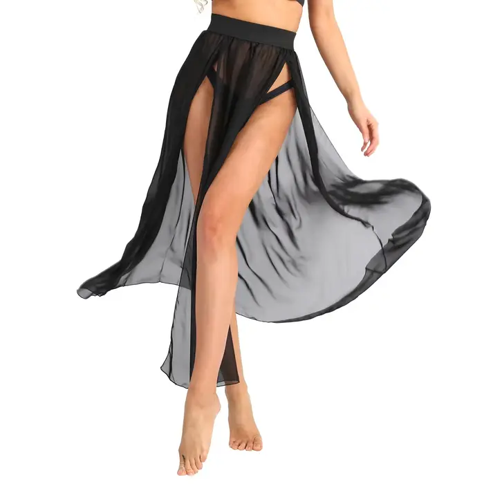 Femmes sexy pure voir à travers les jupes maxi en mousseline de soie haute fente fluide jupe longue transparente bikini couvrir bas piscine fête club