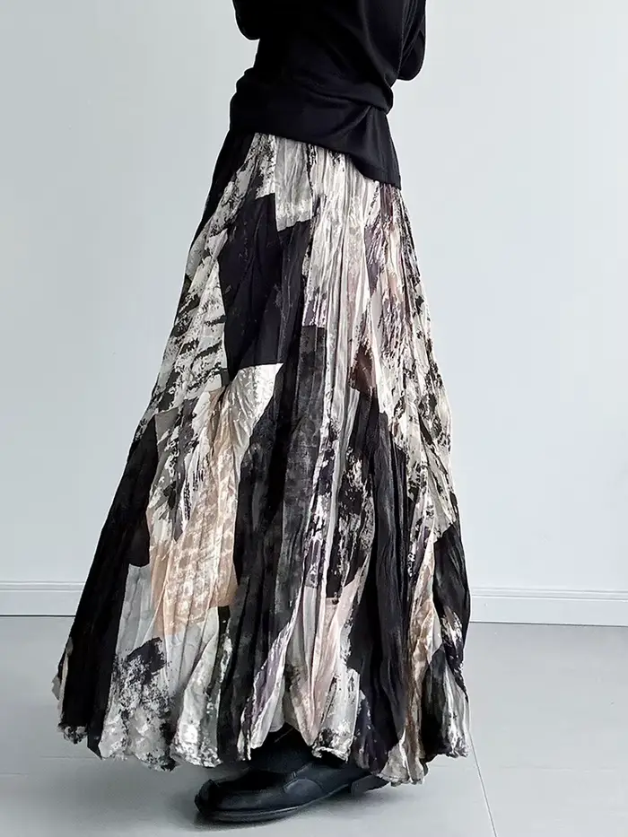 [EAM] taille haute élastique imprimé plissé élégant a-ligne demi-corps jupe femmes mode marée nouveau printemps automne 2026 1DJ5417