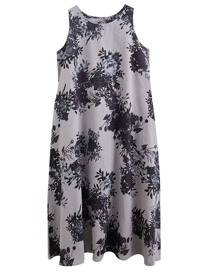 Robe longue décontractée maxi sans manches en coton et lin