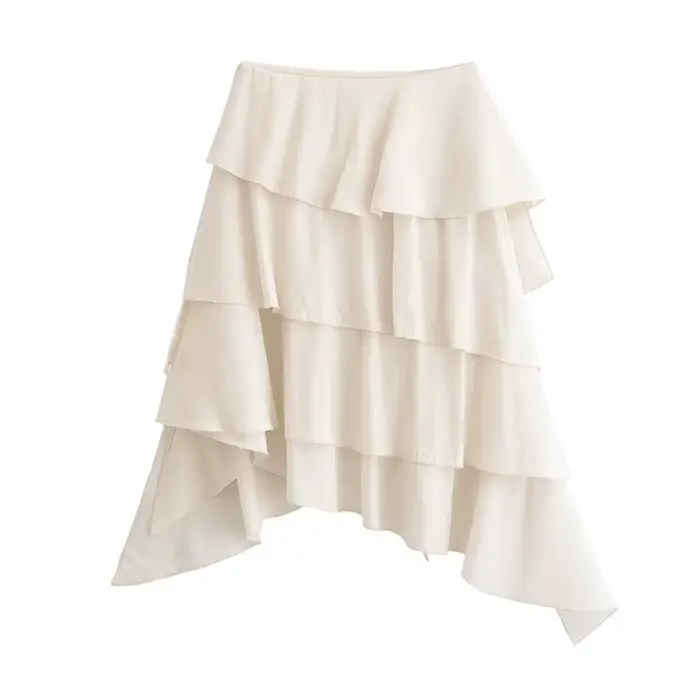 Jupe asymétrique décorative à superpositions, design élégant taille mi-haute, couleur unie, polyeste