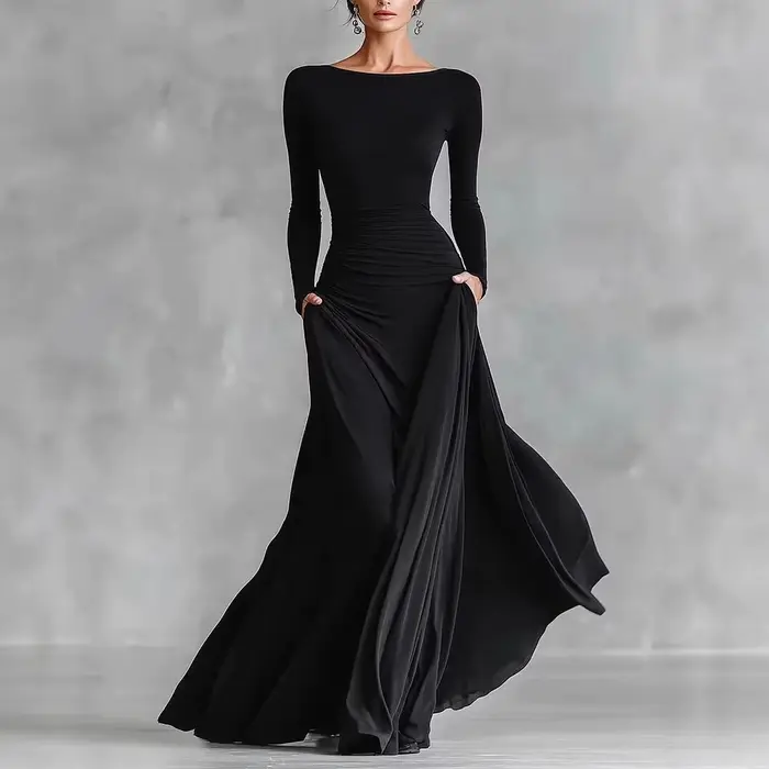 Robe longue noire Simple et élégante pour femmes, col bateau, manches longues, coupe cintrée, tempér