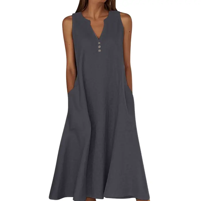 Nouvelle Robe sans Manches en Coton et Lin pour Femme 2026 – Robe Midi Décontractée à Col en V et Co