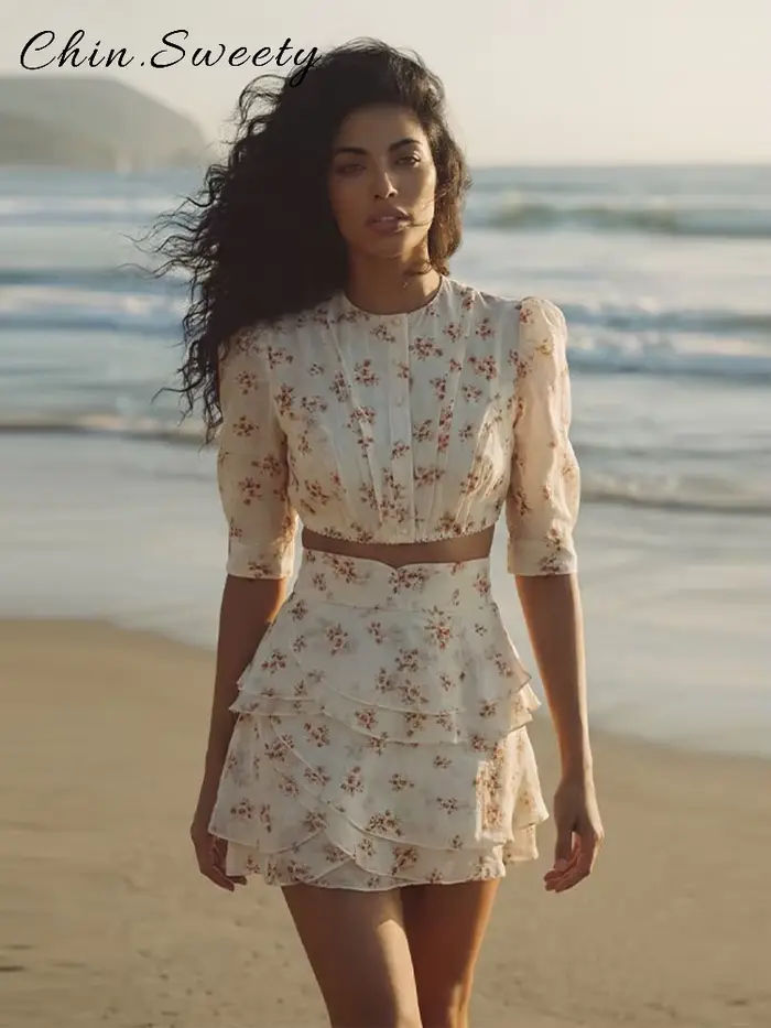 Ensemble jupe courte plissée à motifs floraux pour femme haute couture printemps été 2026 style mode occassions spéciales