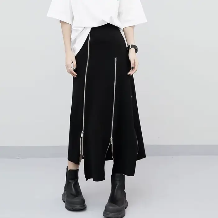 Jupe taille haute pour femme, style punk Harajuku, irrégulière, fermeture éclair, gothique, noir, hi