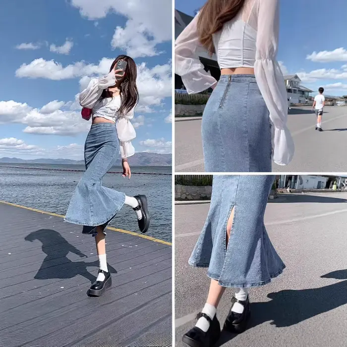 Jupe en jean mi-longue silhouette sirène tendance pour femmes été printemps soirée élégante ocassions variées