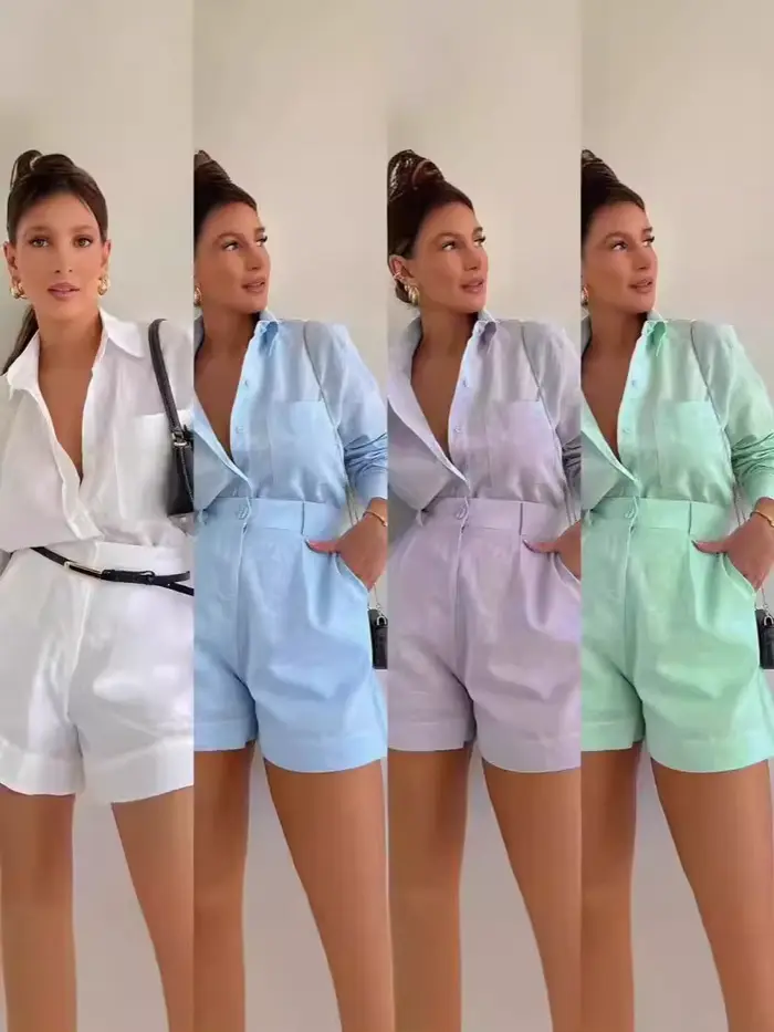 Ensemble court décontracté pour femmes avec haut boutonné et shorts, idéal pour l'été, confortable et élégant pour des sorties, pique-niques et occasions spéciales