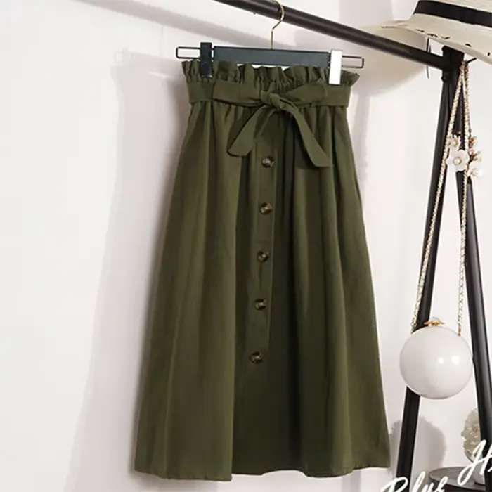 Jupe plissée mi-longue pour femme, longueur genou, style coréen, élégante, boutons, taille haute, ét
