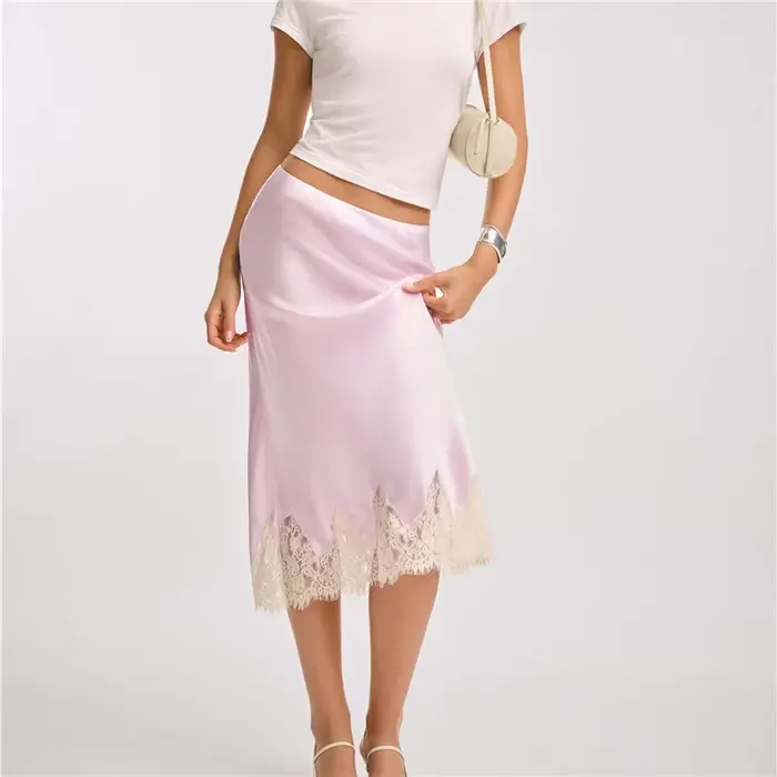 Hirigin femmes soie Satin demi Slip jupes longues dentelle Patchwork taille élastique jupe longue él