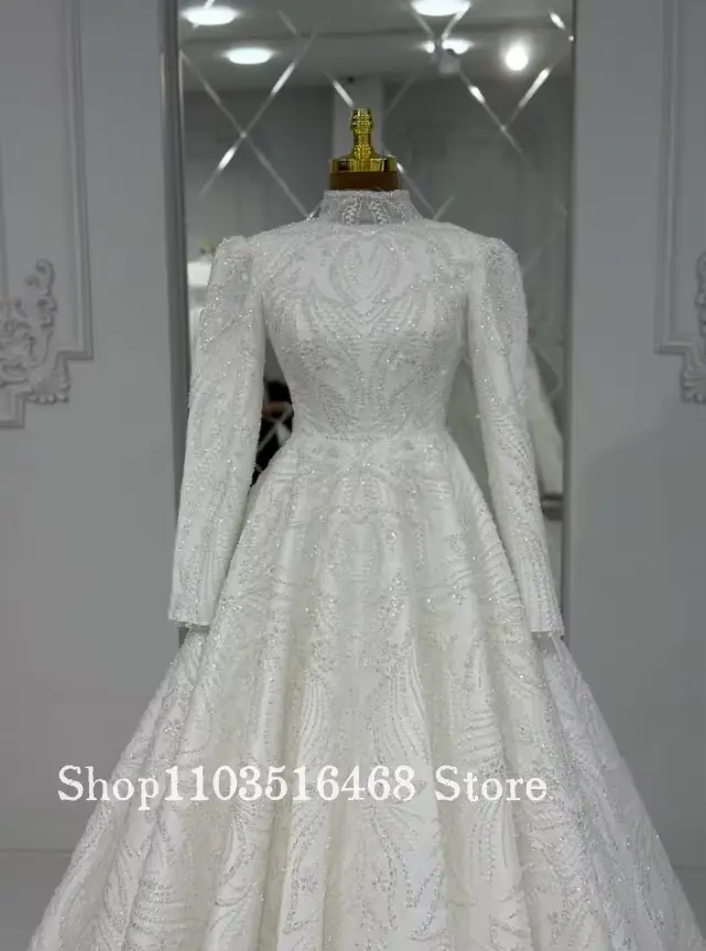 Robe de mariée musulmane personnalisée blanche à manches longues