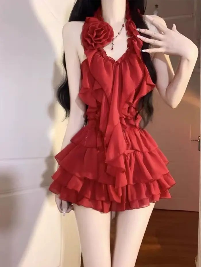 Sexy à volants coupe ajustée licou femmes hauts Mini jupe 2 pièces ensemble fille chaude Style Design mode Chic fête soirée nouveau