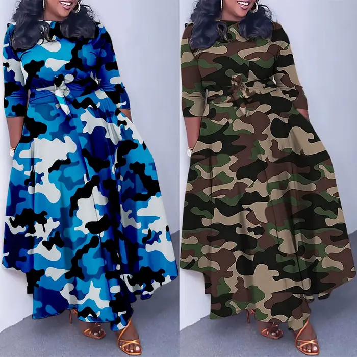 Robe de soirée de bal imprimée Camouflage sexy pour femmes élégante longue silhouette une ligne col rond soirée de gala mariage cérémonie de fin d'année