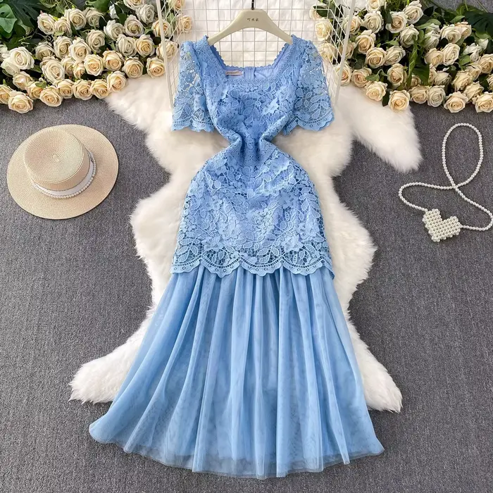 Marque formelle luxe robe de soirée femmes été à manches courtes broderie Crochet dentelle longues robes dame Tulle