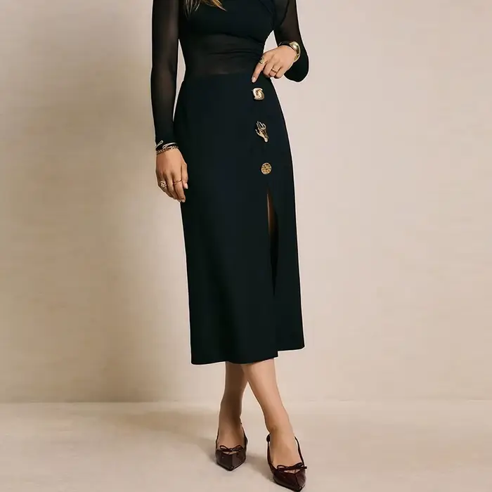 Nouvelle jupe noire tendance pour femmes, printemps automne, design boutonné, taille haute, jupe fen