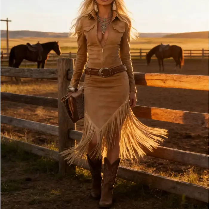 Robe à franges bohème pour femme en polyester, style western, col en V, pompons, mi-mollet, printemps été