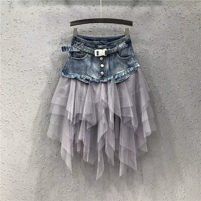 Jupe en jean taille haute cousue en tulle pour femme, coupe couvertes, style rétro, collection print