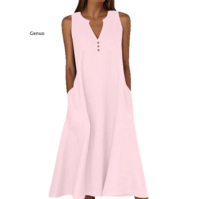 Robe sans manches en coton et lin pour femme 2026 à col en V et coupe évasée pour les occasions estivales et quotidiennes