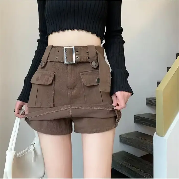2025 nouvelle mode jupe Cargo femmes avec ceinture taille haute printemps et automne a-ligne Streetwear Denim jupes femme