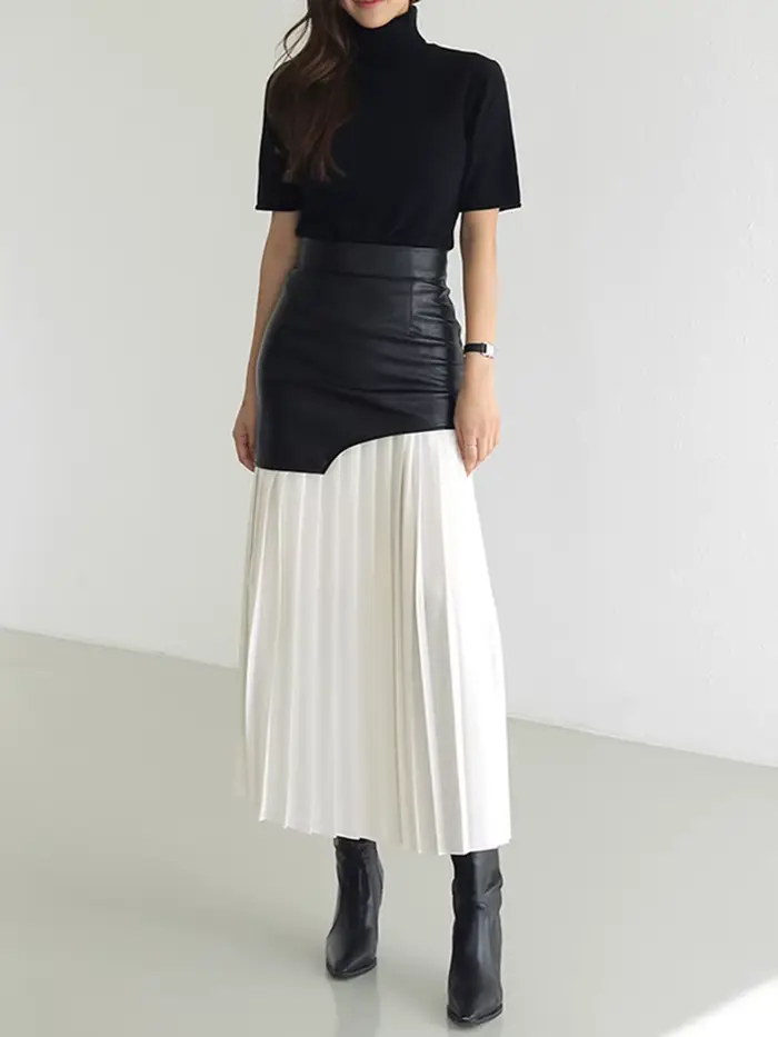 Nouvelle jupe plissée color-block avec inserts en cuir pour femme