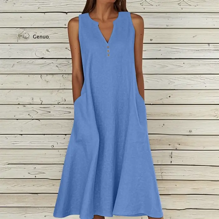 Robe sans manches en coton et lin pour femme 2026 à col en V et coupe évasée pour les occasions estivales et quotidiennes