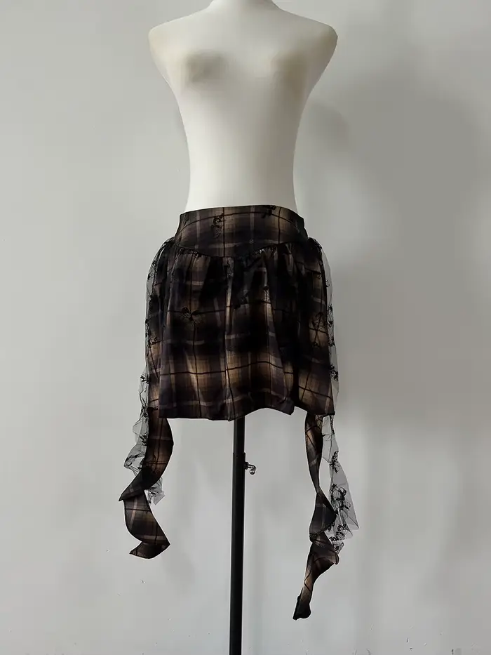 Jupe à carreaux brodée papillon pour femme, jupe courte plissée amincissante, ruban décoré, fille ép