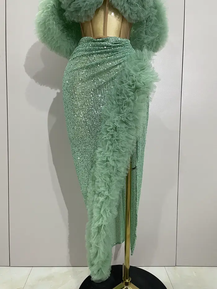 Paillettes brillantes haut jupe courte deux pièces ensemble 2025 femmes Sexy célébrer soirée bal fête d'anniversaire robe discothèque scène tenue
