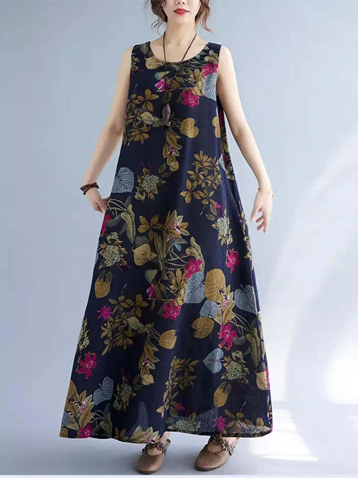 Robe longue décontractée maxi sans manches en coton et lin